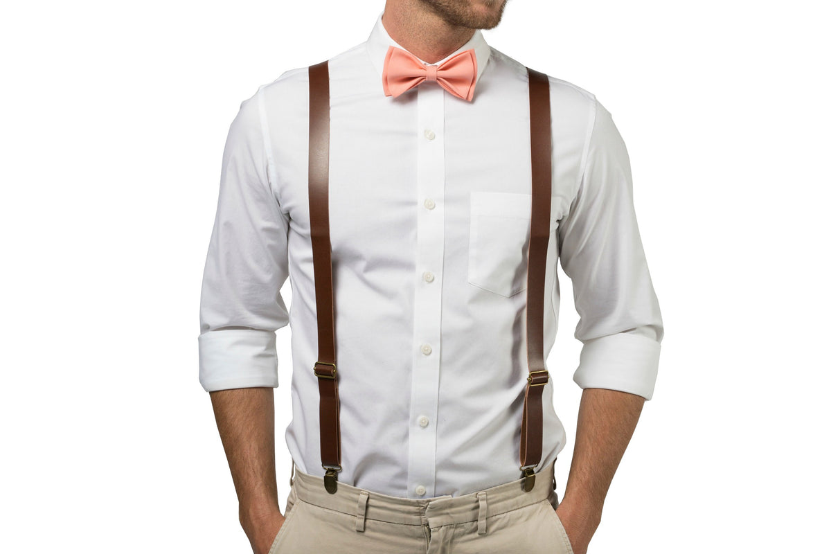 Brown Leather Suspenders &amp; Peach Coral Bow Tie