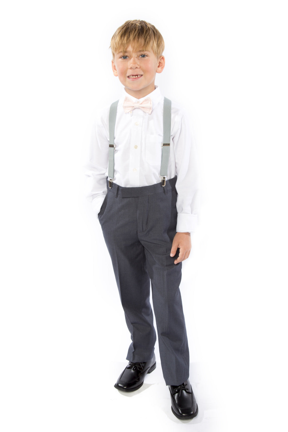 Light Grey Suspenders & Petal Bow Tie for Kids