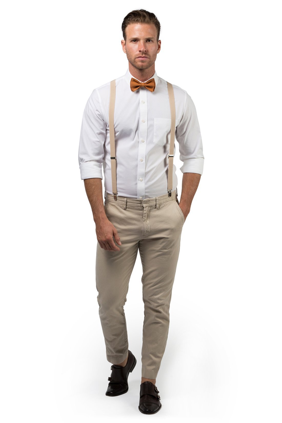 Beige Suspenders &amp; Copper Bow Tie