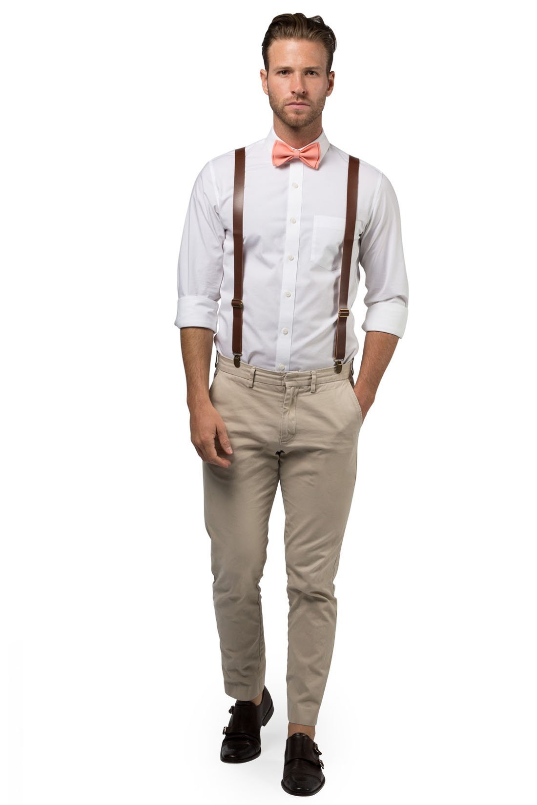 Brown Leather Suspenders &amp; Peach Coral Bow Tie