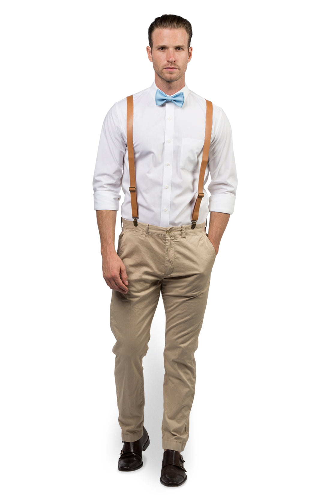 Tan Leather Suspenders &amp; Baby Blue Bow Tie