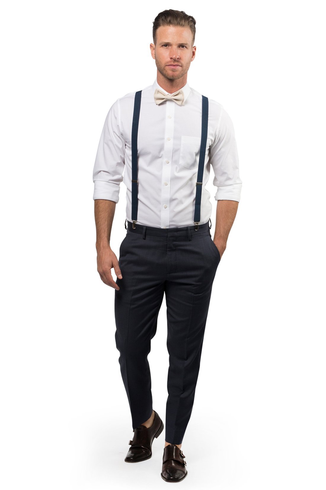 Navy Suspenders &amp; Cream Bow Tie