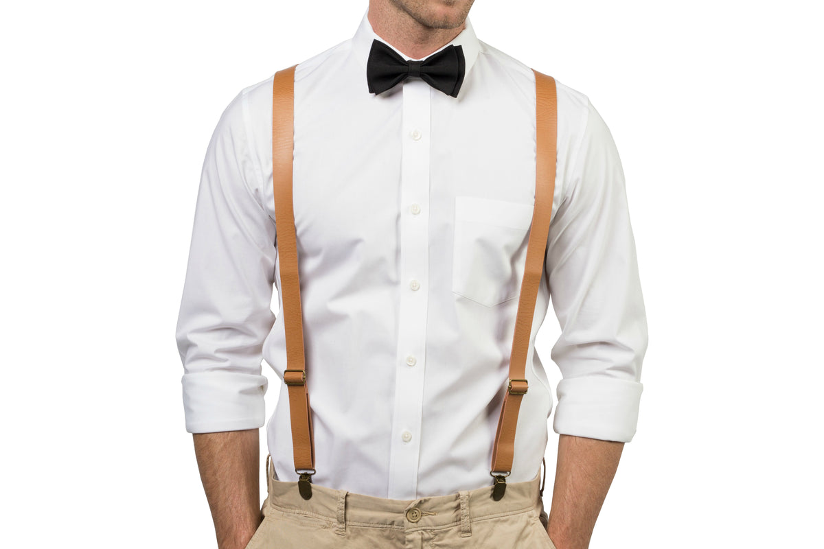 Tan Leather Suspenders &amp; Black Bow Tie
