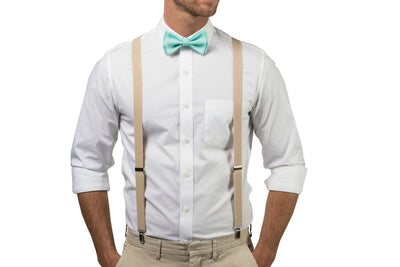 Beige Suspenders & Aqua Bow Tie