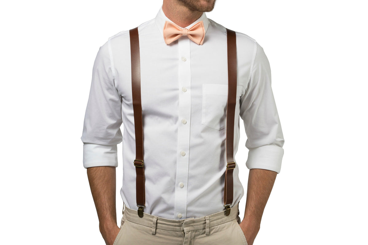 Brown Leather Suspenders &amp; Peach Bow Tie