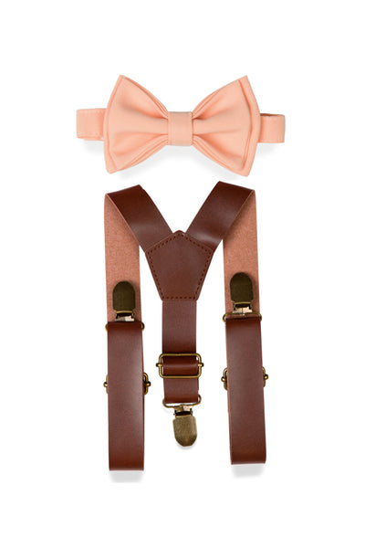 Brown Leather Suspenders & Peach Bow Tie for Kids