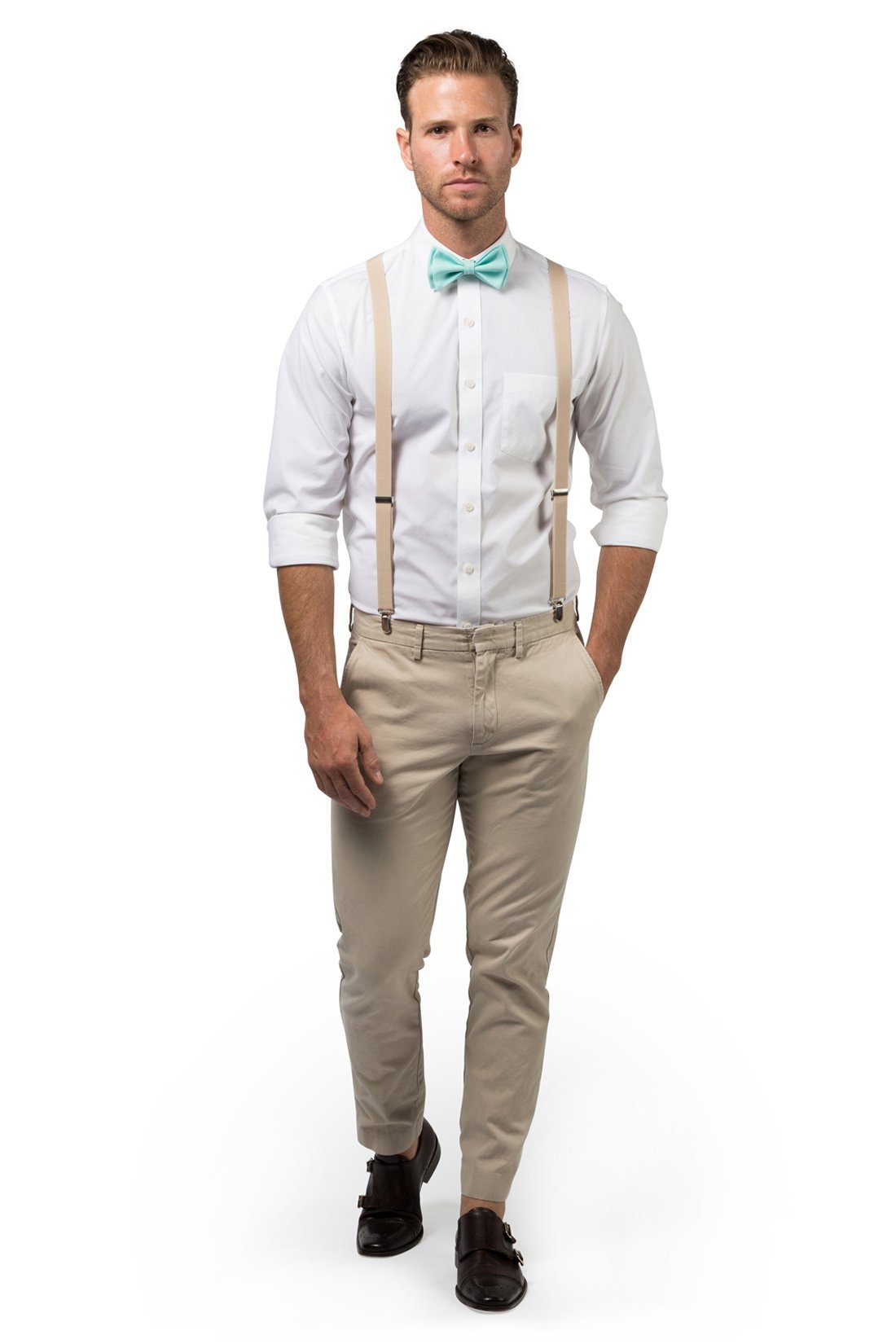 Beige Suspenders & Aqua Bow Tie