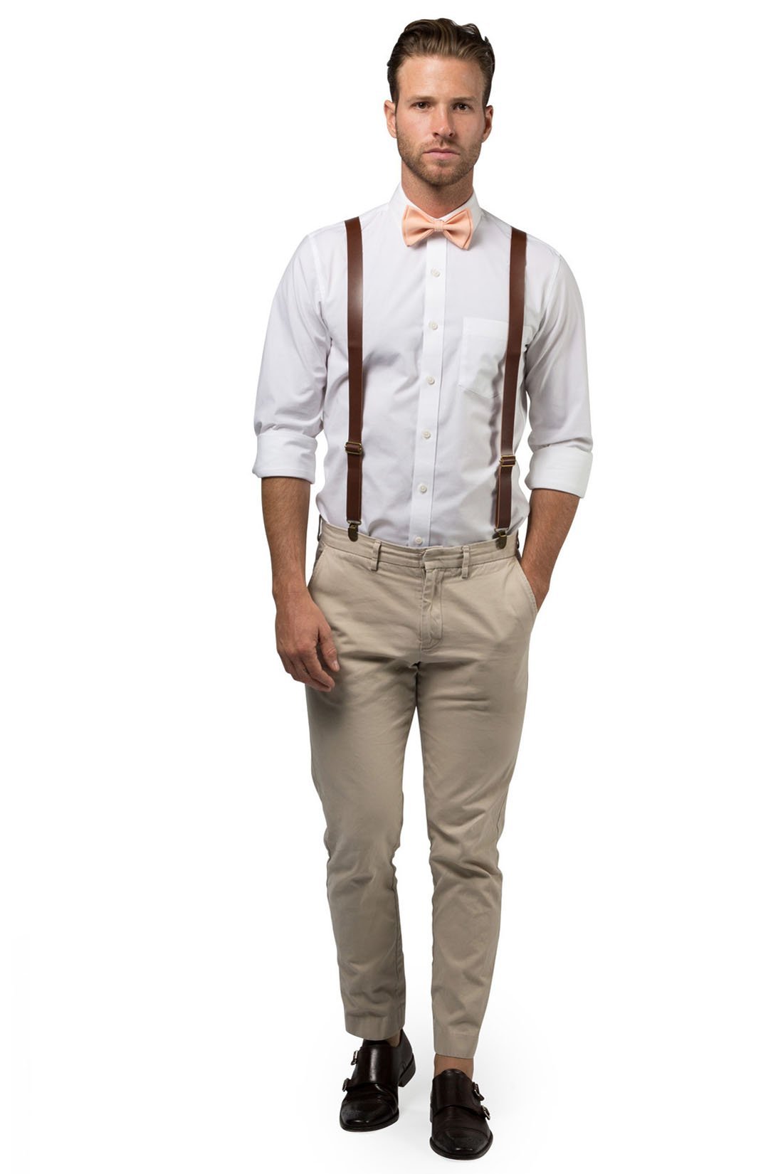 Brown Leather Suspenders & Peach Bow Tie - Baby to Adult Sizes– Armoniia