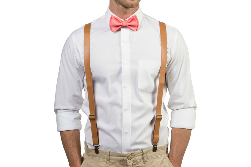 Tan Leather Suspenders & Coral Bow Tie