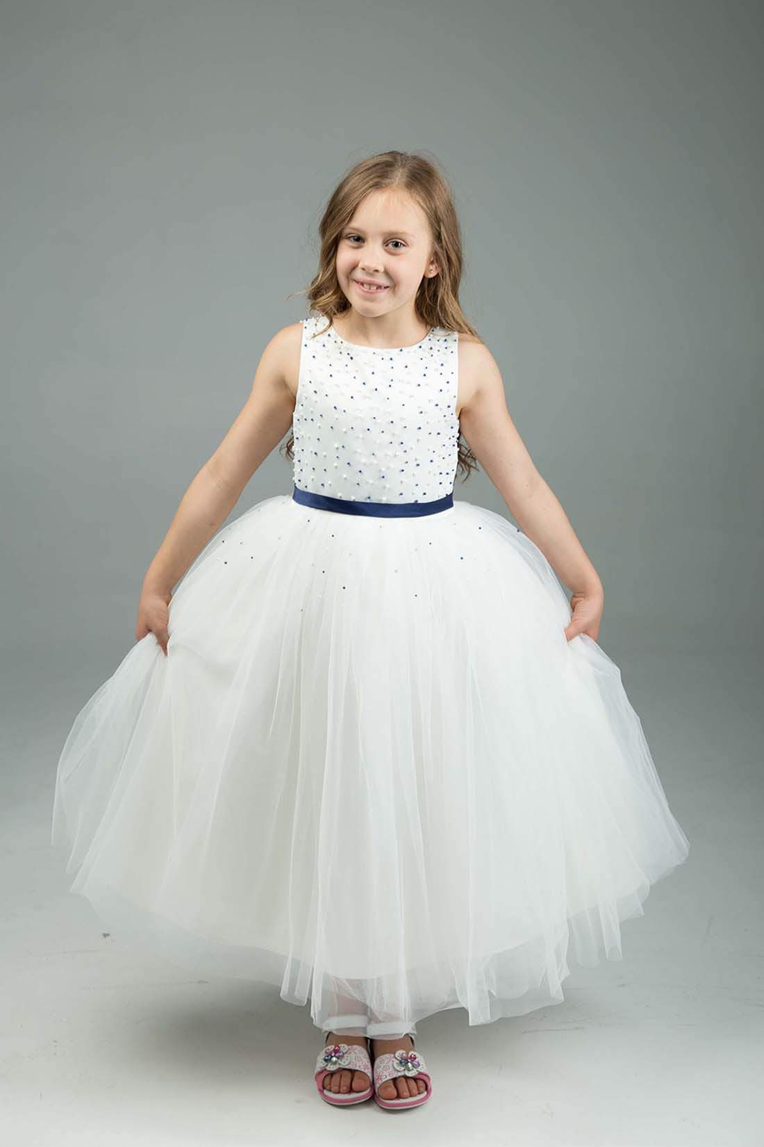 White & Navy Flower Girl Dress