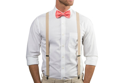 Beige Suspenders & Coral Bow Tie