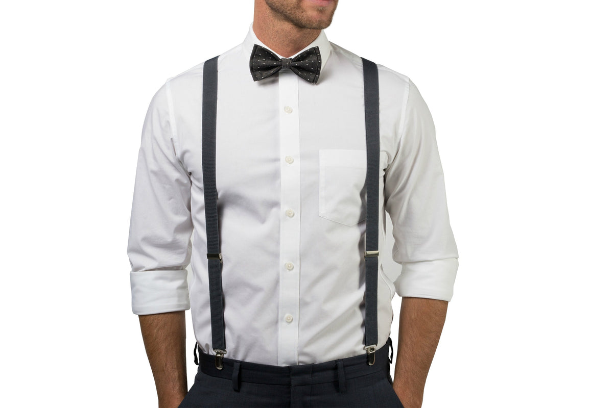 Charcoal Suspenders &amp; Black Polka Dot Bow Tie