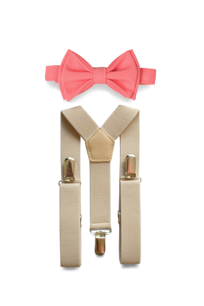 Beige Suspenders & Coral Bow Tie