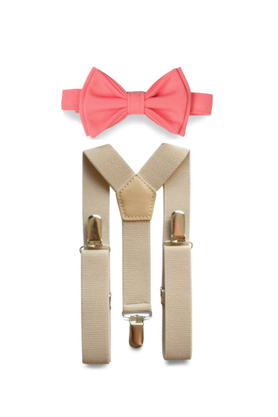 Beige Suspenders & Coral Bow Tie for Kids