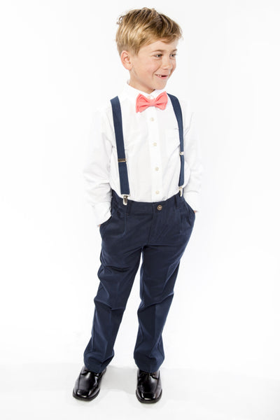 Navy Suspenders & Coral Bow Tie for Kids