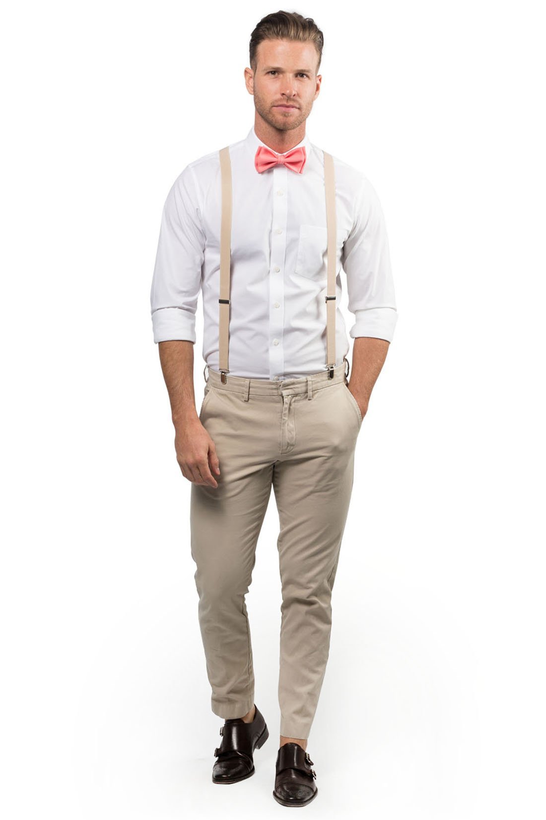 Beige Suspenders &amp; Coral Bow Tie