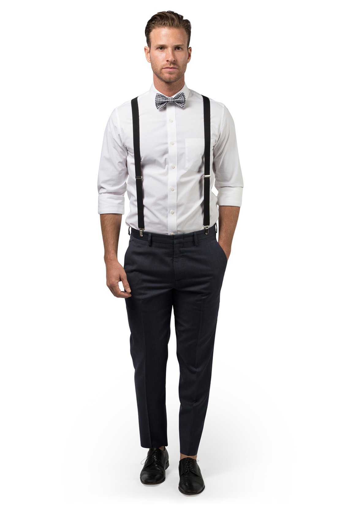 Black Suspenders &amp; Gingham Black Bow Tie 