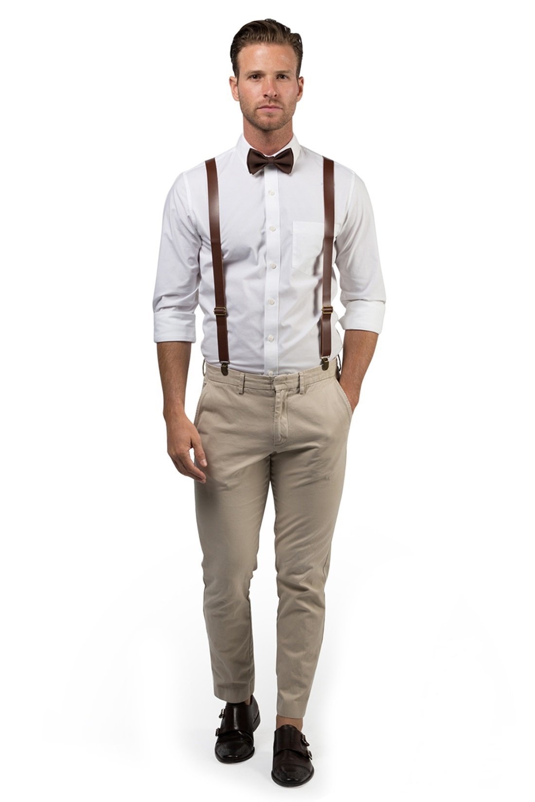 Brown Leather Suspenders &amp; Brown Bow Tie