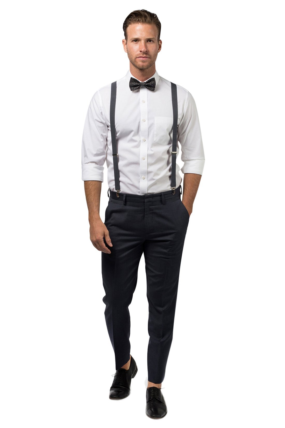 Charcoal Suspenders &amp; Black Polka Dot Bow Tie
