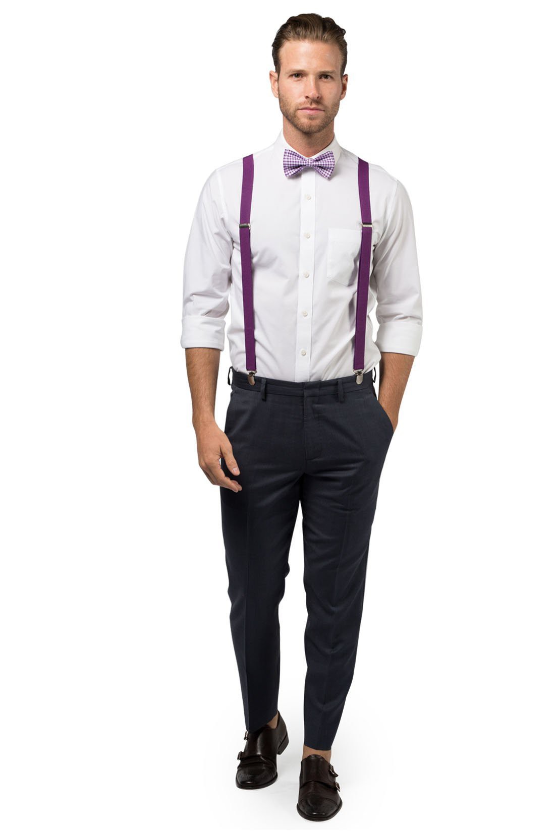 Eggplant Purple Suspenders &amp; Gingham Purple Bow Tie