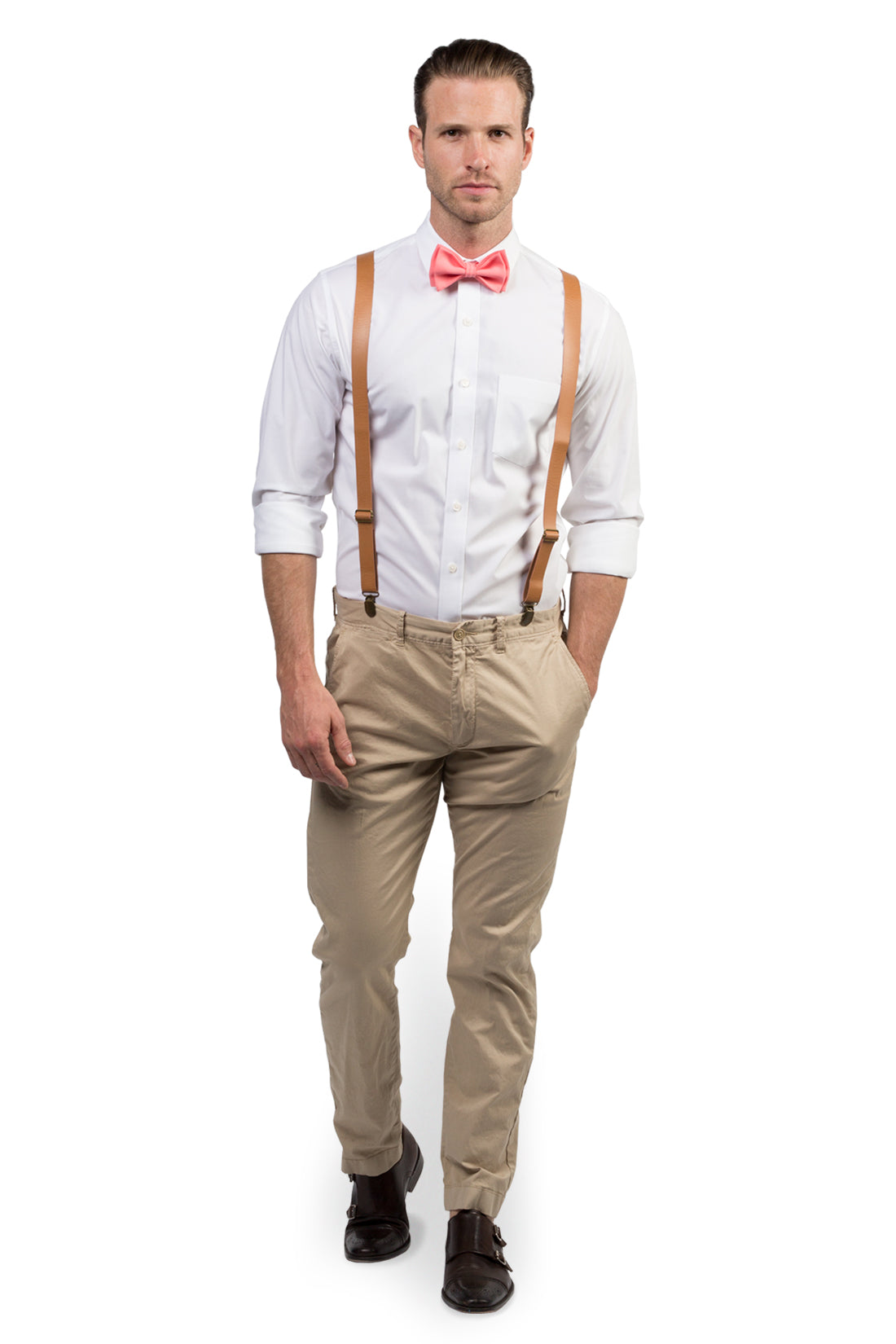 Tan Leather Suspenders & Coral Bow Tie