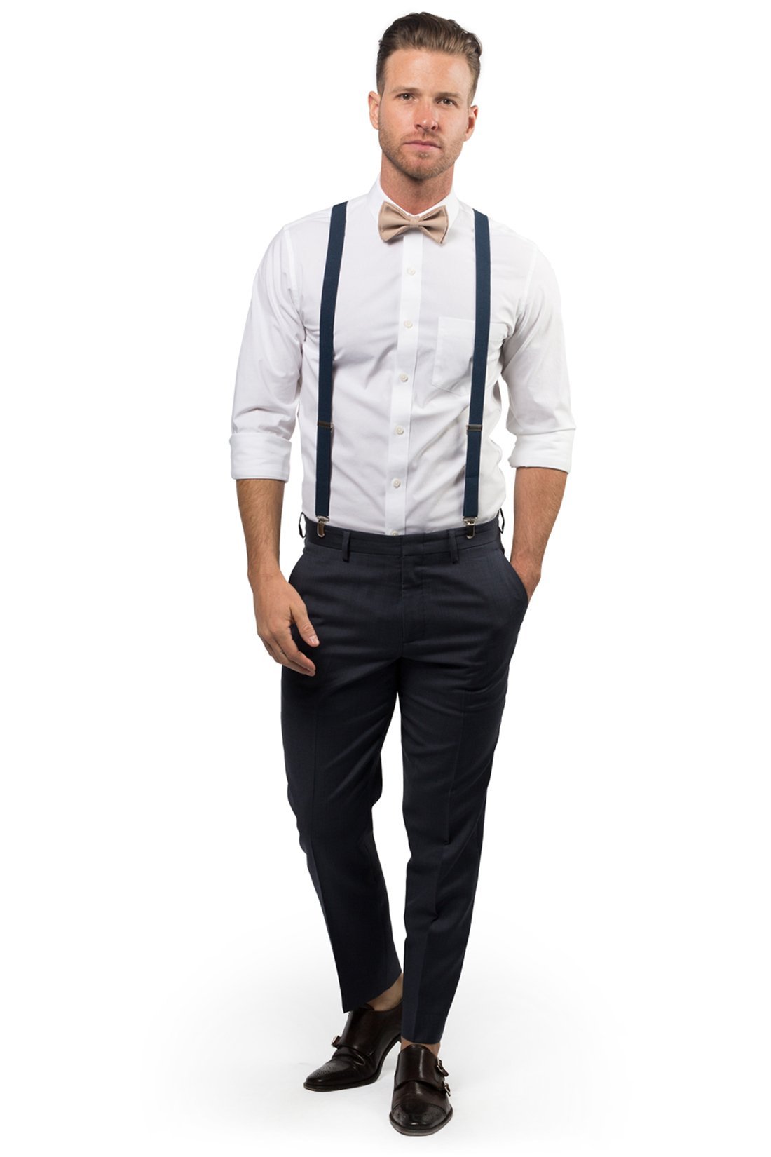 Navy Suspenders &amp; Beige Bow Tie 
