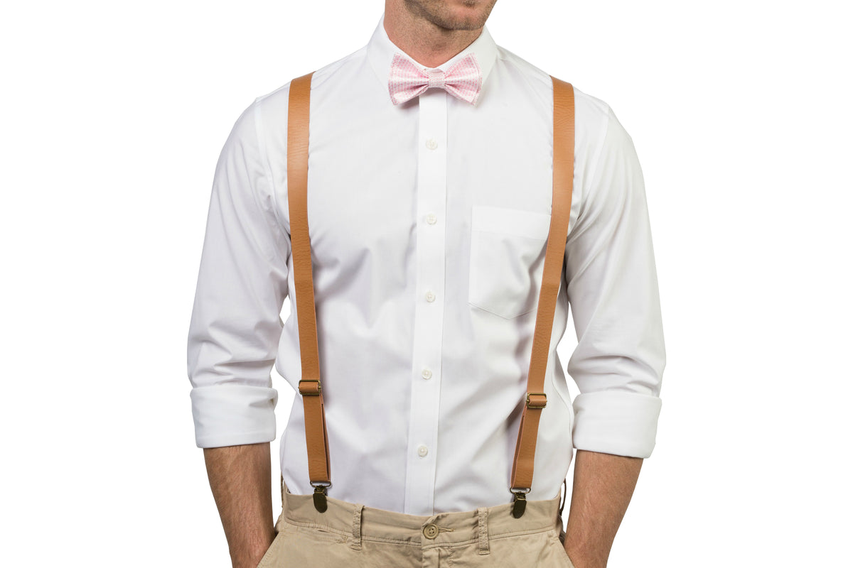 Tan Leather Suspenders &amp; Pink Bow Tie