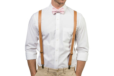 Tan Leather Suspenders & Pink Bow Tie