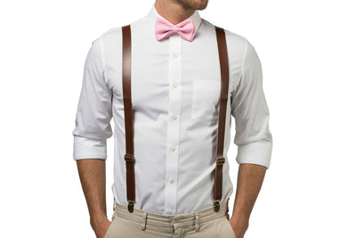 Brown Leather Suspenders & Candy Pink Bow Tie