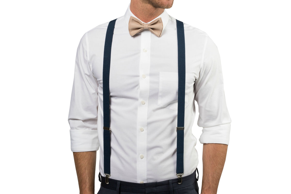 Navy Suspenders &amp; Beige Bow Tie