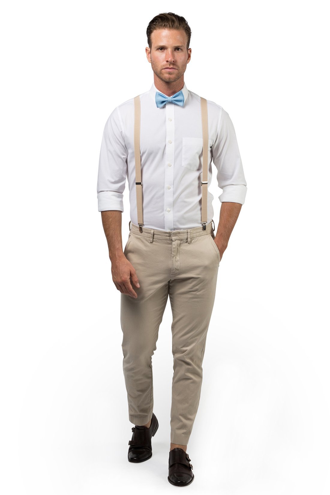 Beige Suspenders &amp; Baby Blue Bow Tie