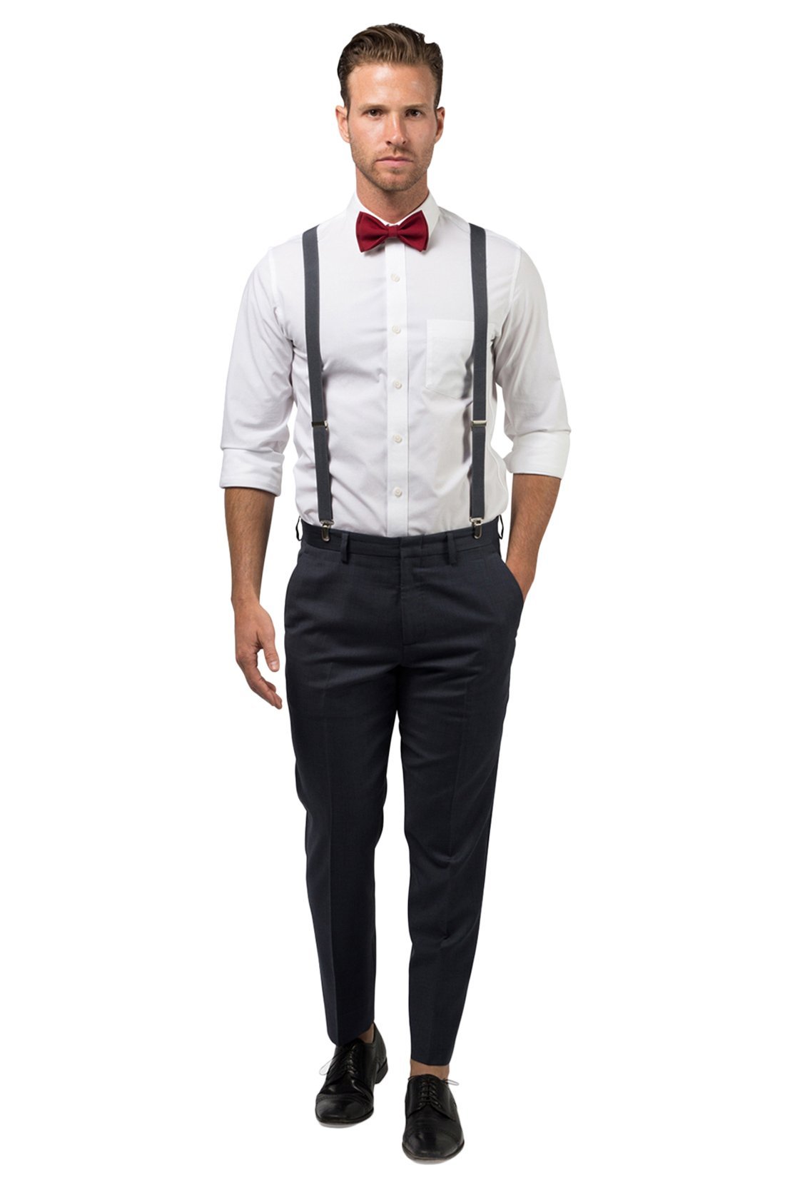 Charcoal Suspenders &amp; Burgundy Bow Tie