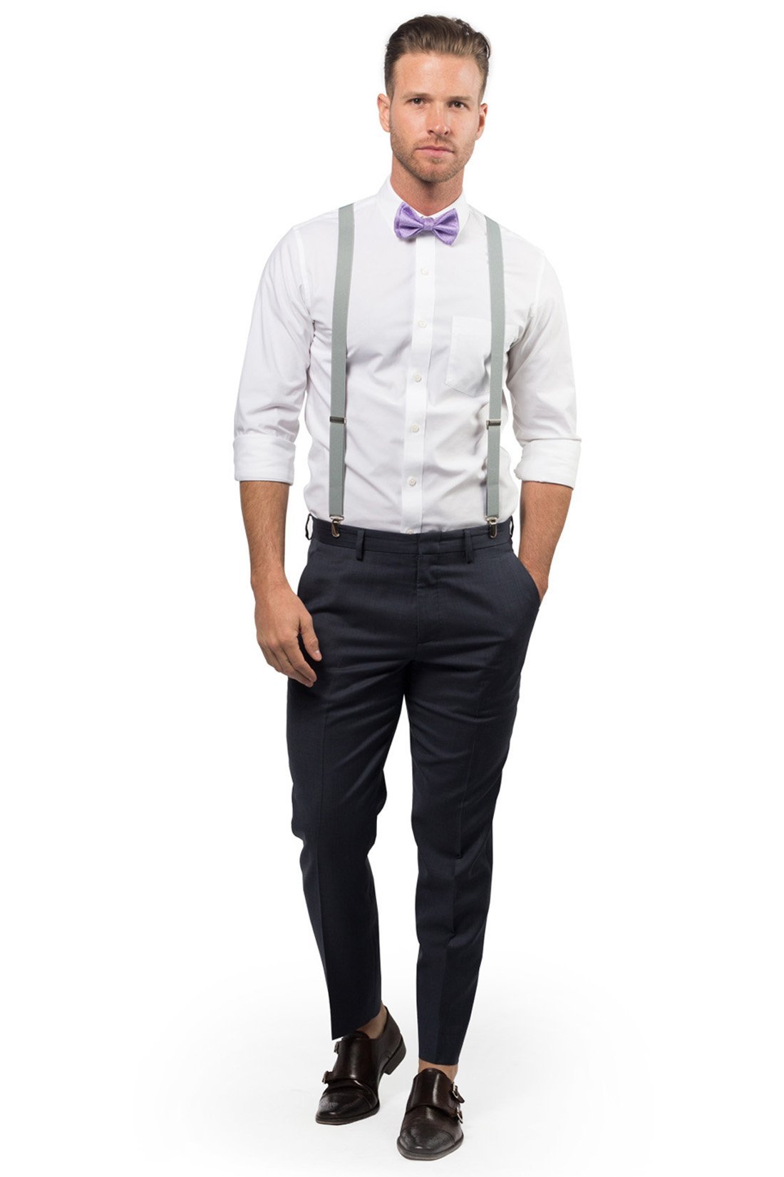 Light Gray Suspenders &amp; Purple Bow Tie