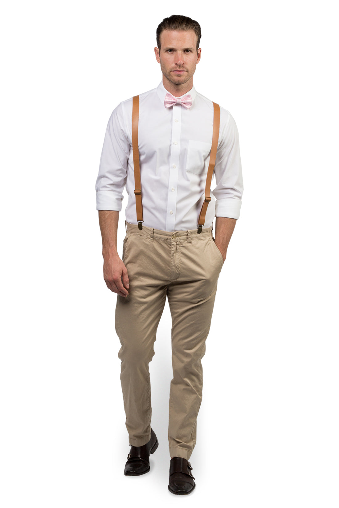 Tan Leather Suspenders &amp; Pink Bow Tie