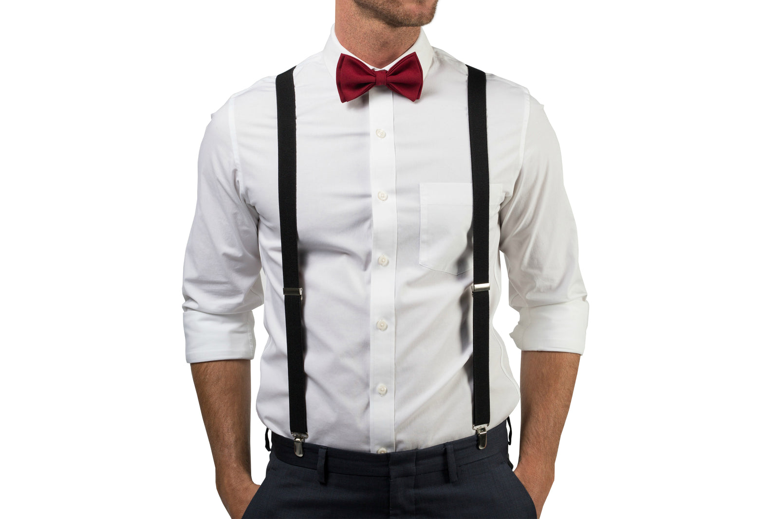 Black Suspenders & Burgundy Bow Tie