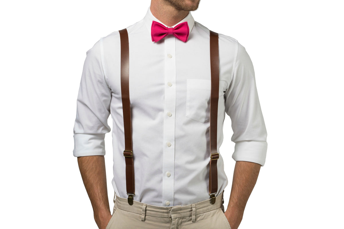 Brown Leather Suspenders &amp; Hot Pink Bow Tie