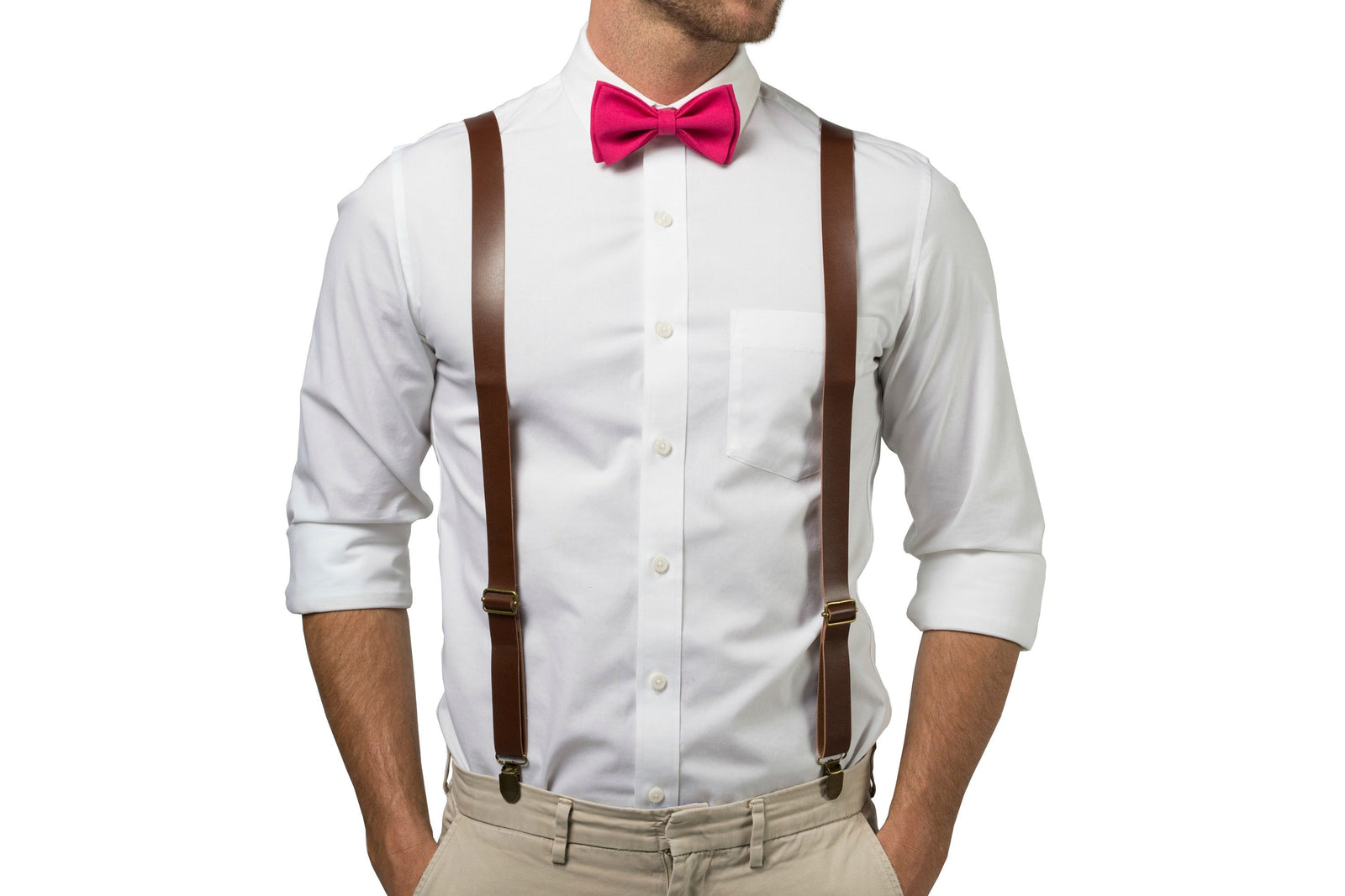 Brown Leather Suspenders & Hot Pink Bow Tie