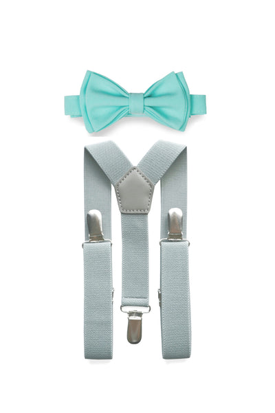 Light Grey Suspenders & Aqua Bow Tie for Kids