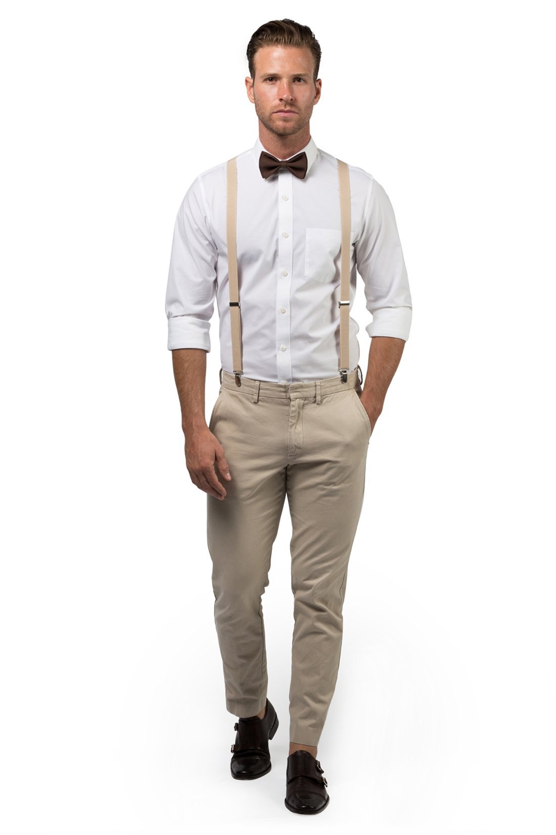Beige Suspenders & Brown Bow Tie