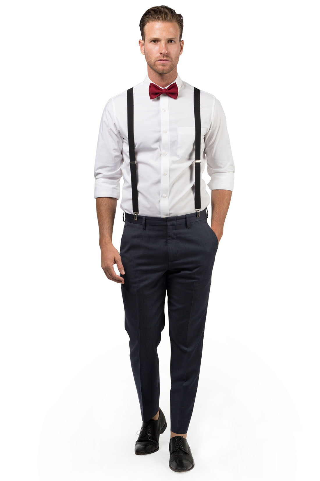 Black Suspenders &amp; Burgundy Bow Tie