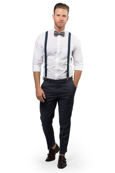 Navy Suspenders & Grey Bow Tie for Baby Toddler Boy Men