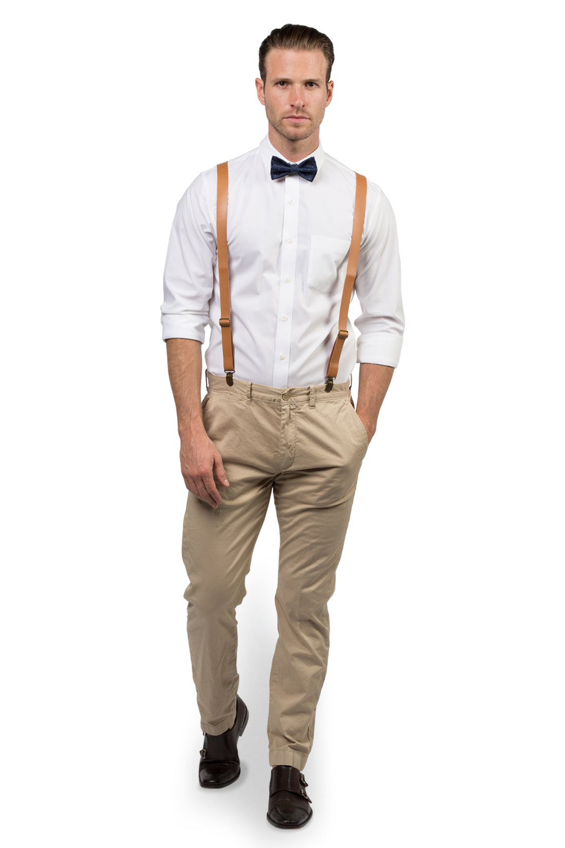 Tan Leather Suspenders & Navy Polka Dot Bow Tie