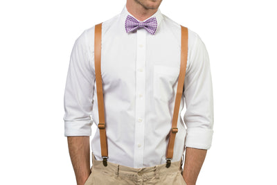 Tan Leather Suspenders & Gingham Purple Bow Tie