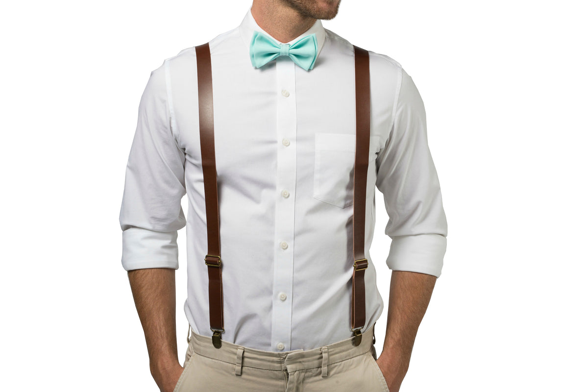 Brown Leather Suspenders &amp; Aqua Bow Tie