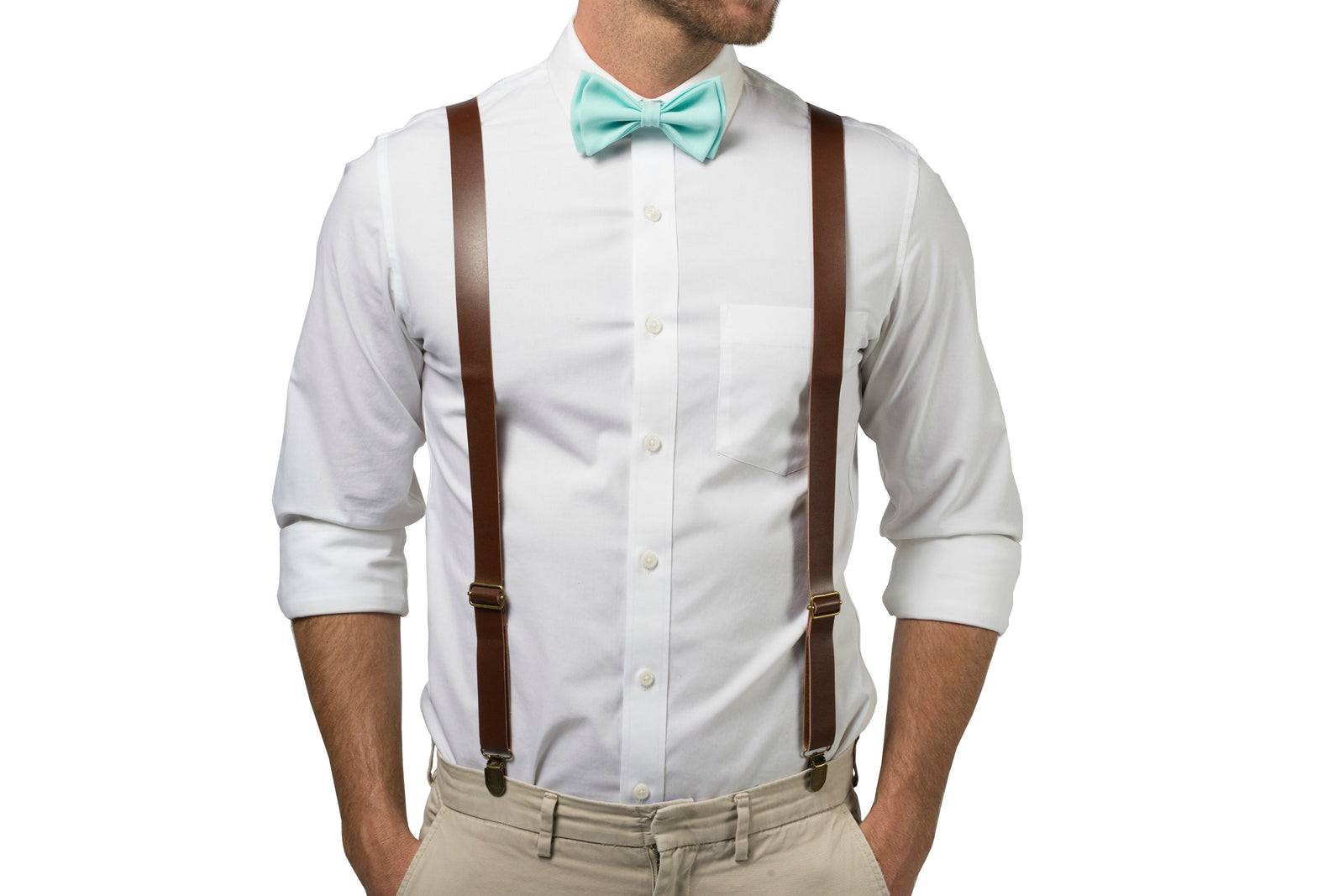 Brown Leather Suspenders & Aqua Bow Tie