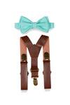 Brown Leather Suspenders & Aqua Bow Tie for Kids