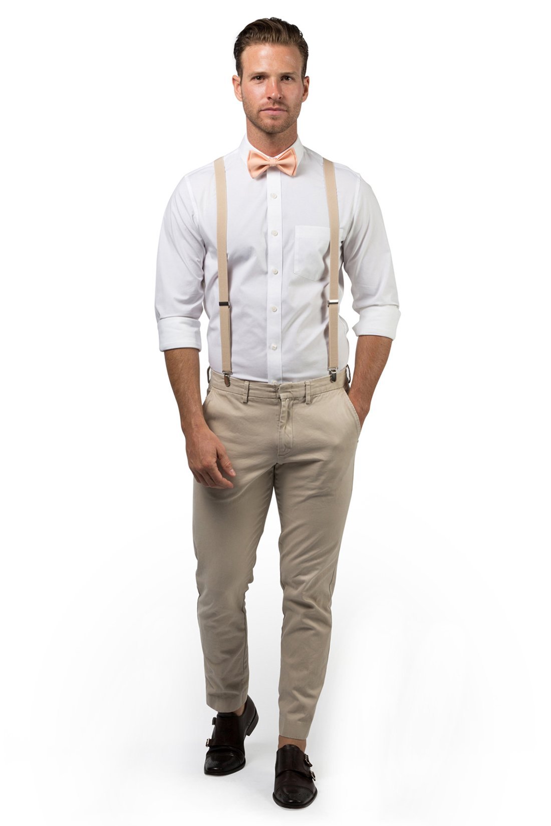 Beige Suspenders &amp; Peach Bow Tie