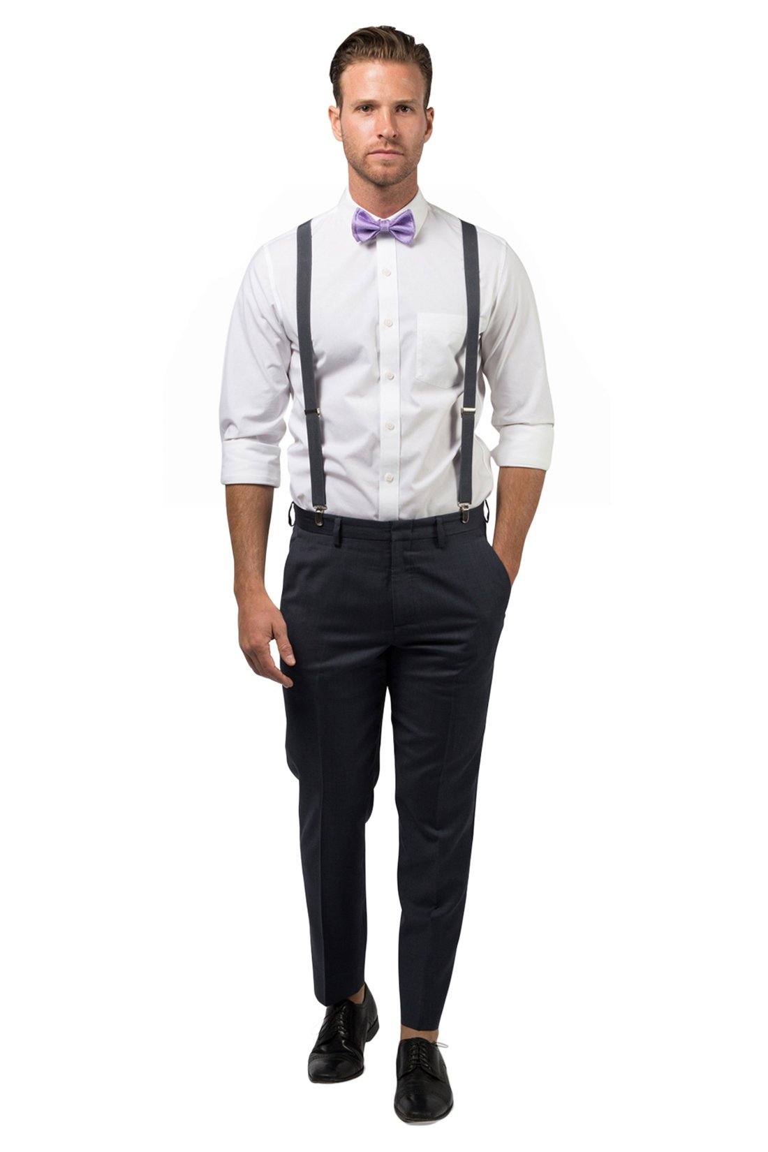 Charcoal Suspenders & Purple Bow Tie