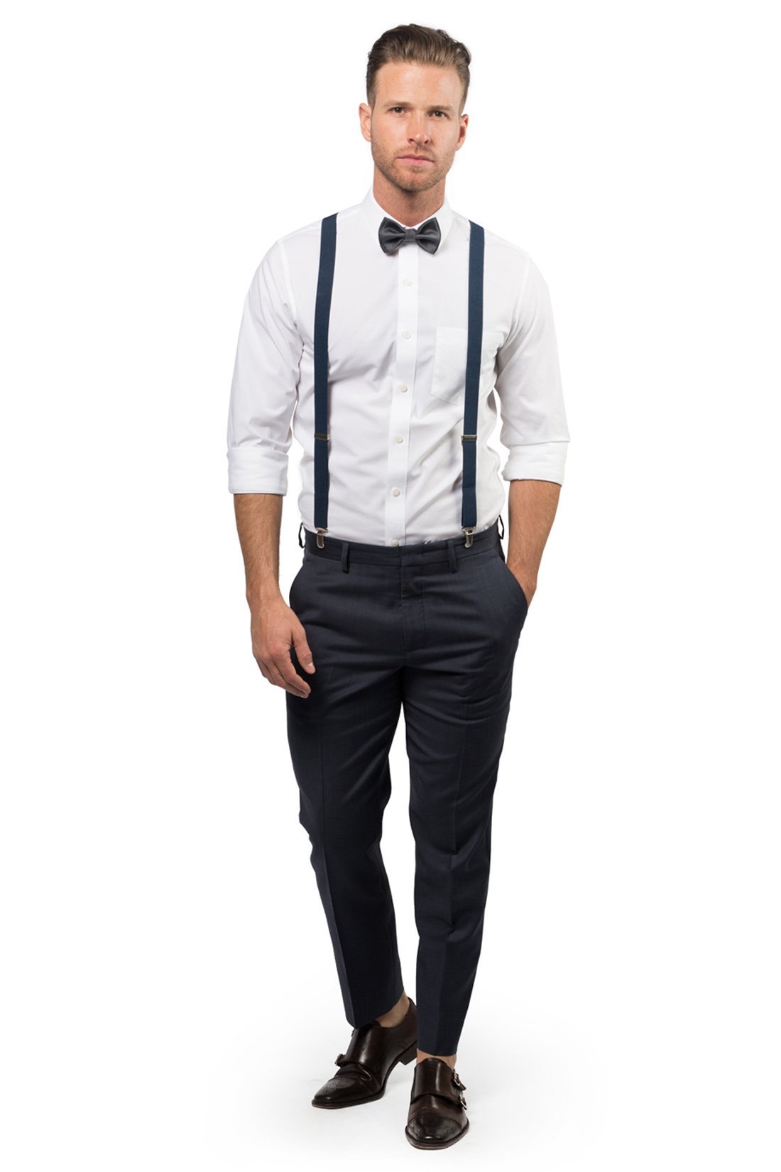 Navy Suspenders &amp; Charcoal Bow Tie - ARMONIIA