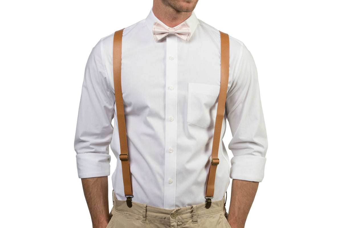 Tan Leather Suspenders &amp; Petal Bow Tie